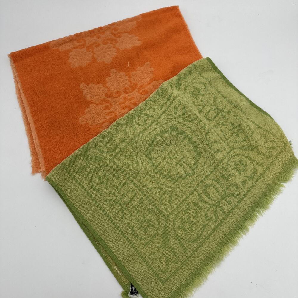 2- Vintage Sculpted Fringe Hand Towels Avocado Green And Orange 1970s